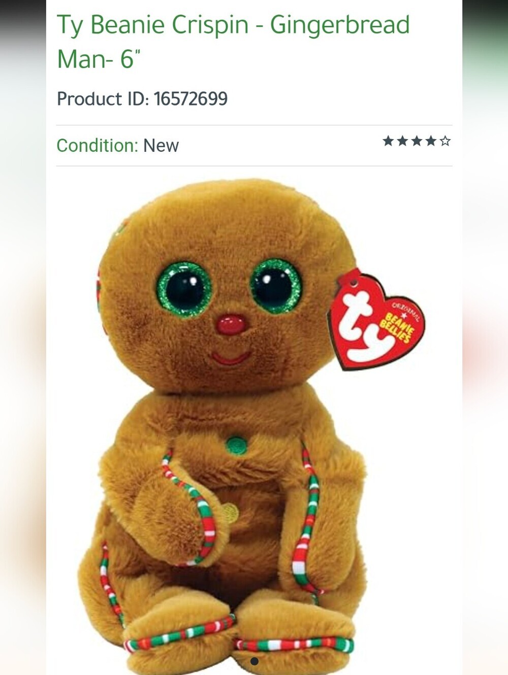 TY Beanie Boos - CRISPIN the Gingerbread Man Glitter Eyes Regular Size - 6"